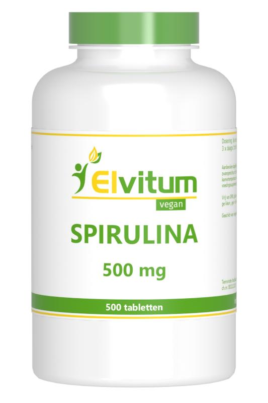 Elvitum Spirulina 500mg supplement with 500 tablets, showcasing the green tablets in a clear container.