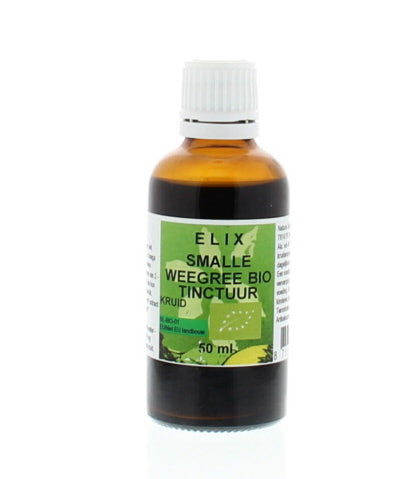 Elix Smalle Weegbree tinctuur in 50ml bottle, organic herbal remedy from Elix, showing the tincture bottle and herbal packaging.