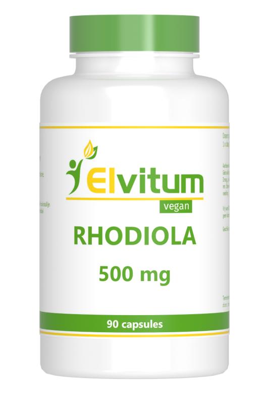 Elvitum Rhodiola 500mg vegetarian capsules in a bottle, herbal supplement for energy and stress support.