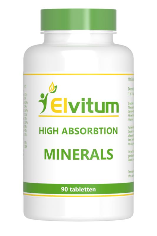 Elvitum high absorption mineral supplement in a bottle of 90 tablets, showing mineral multivitamins for daily health support.