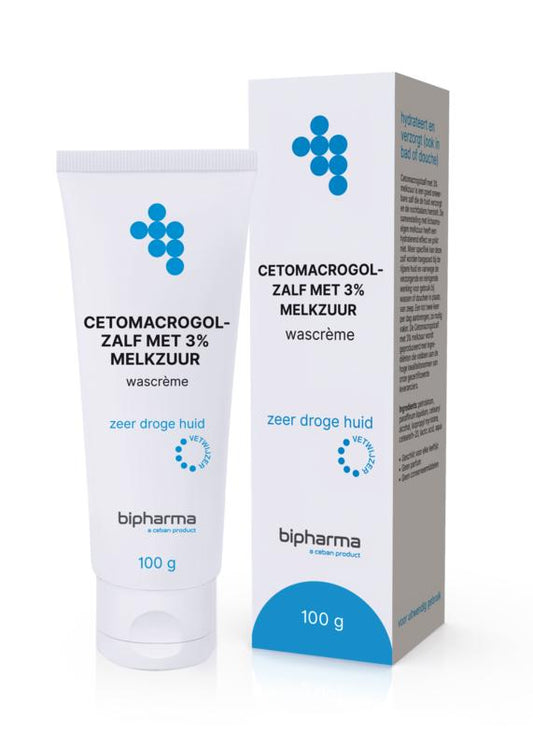Bipharma Cetomacrogolzalf 3% with melkzuur, 100g, a body care cream for skin hydration and soothing.