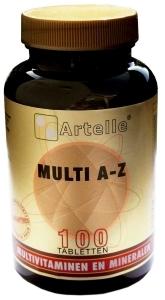 Artelle multivitamin bottle with 100 tablets, showing colorful tablets and label for Artelle multivitamin A to Z supplement.