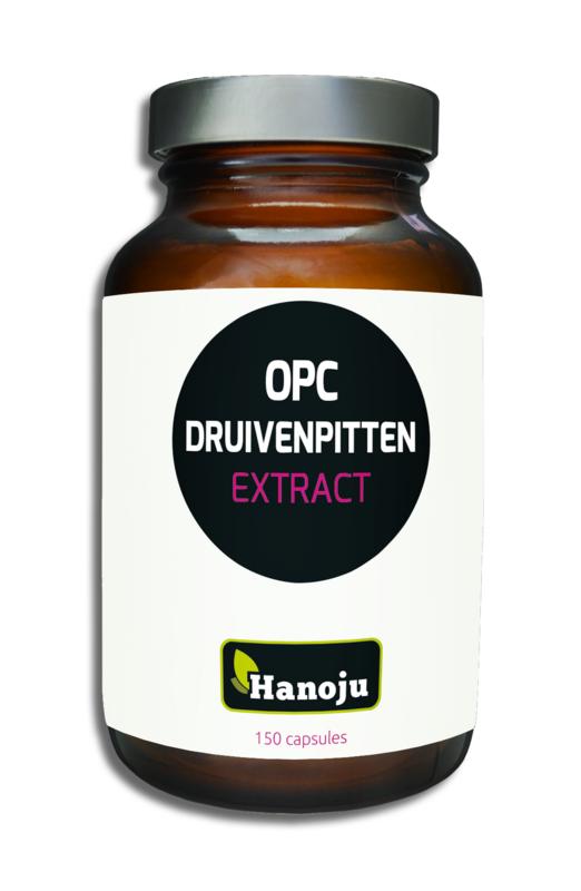 Hanoju OPC druivenpitten extract 400mg capsules, herbal supplement in a clear bottle with 150 capsules visible.