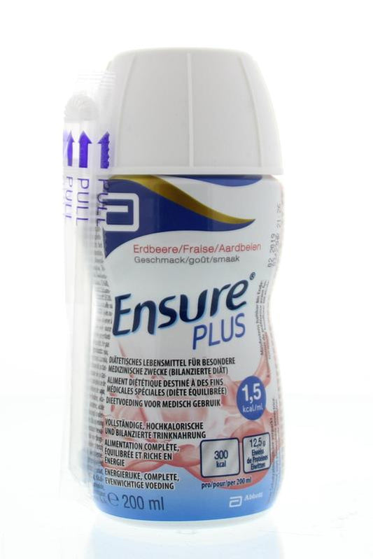 Ensure Plus aardbei medicinale dieetvoeding in 200ml bottle, strawberry flavor, for medical nutrition support.