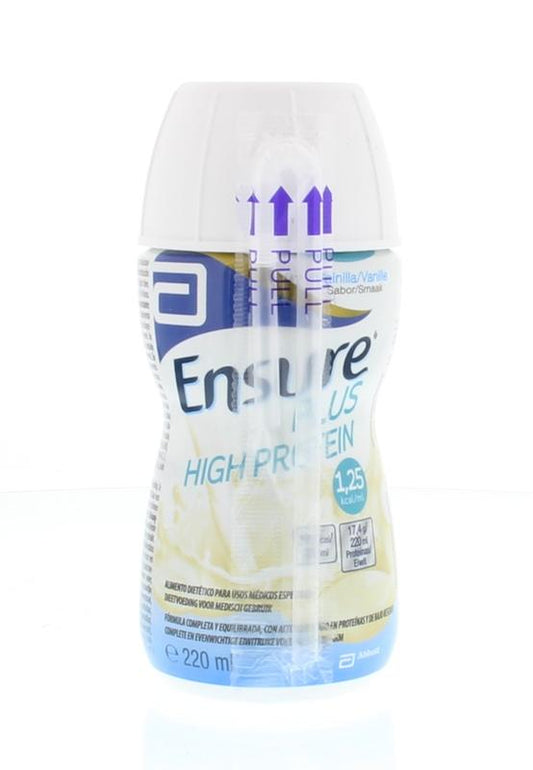Ensure Plus high protein vanille medical dietary supplement in 220ml bottle, creamy vanilla flavor, ideal for medical nutrition needs.