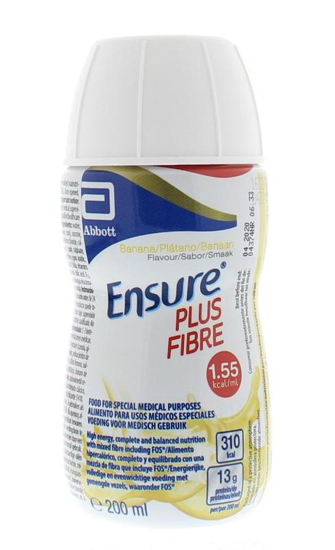 Ensure Plus Fibre banana medical diet food in 200ml bottle, featuring banana flavor and nutritional information.