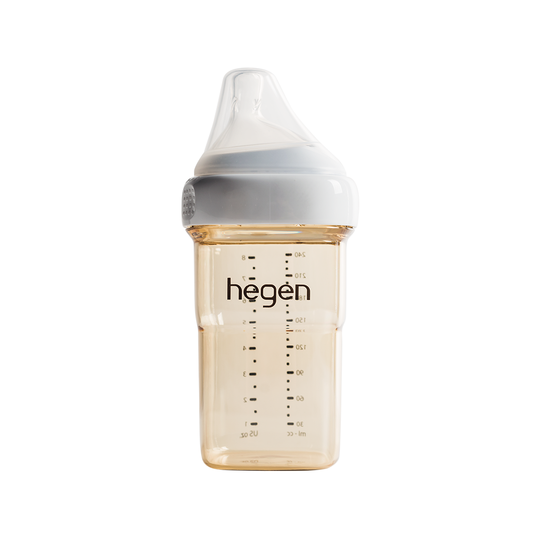 Hegen 240ml baby bottle with teat, clear plastic, designed for feeding infants, shown with lid and nipple attached.