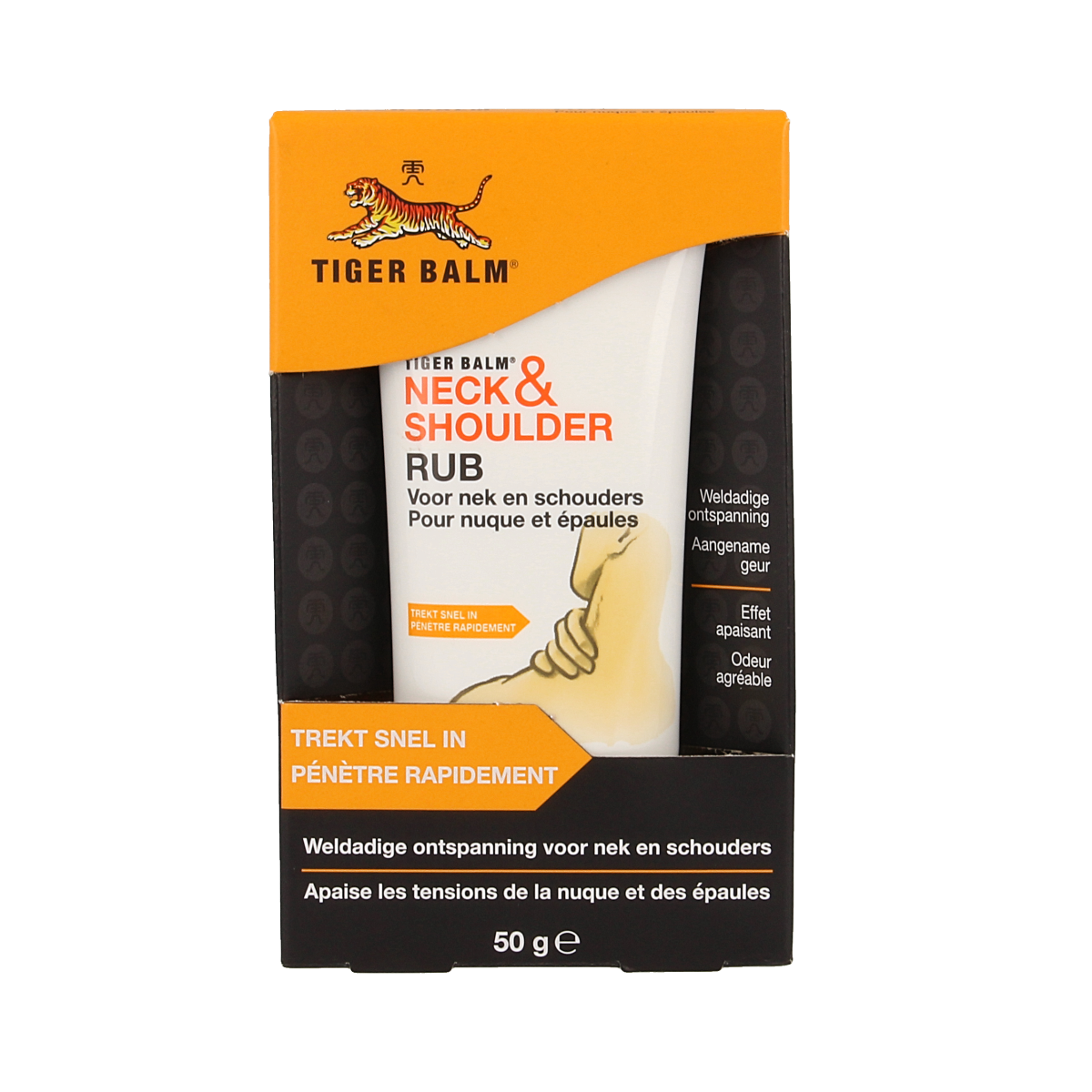 Tiger Balm Tijgerbalsem neck and shoulder rub jar, 50g, for muscle and joint relief, with tiger balm branding visible.