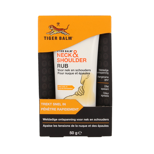 Tiger Balm Tijgerbalsem neck and shoulder rub jar, 50g, for muscle and joint relief, with tiger balm branding visible.