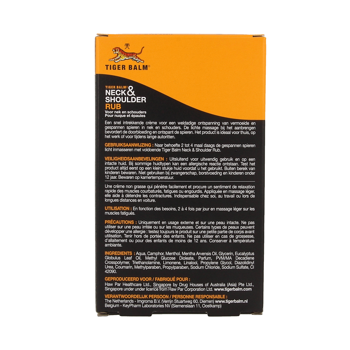 Tiger Balm Tijgerbalsem neck and shoulder rub jar, 50g, in a white container with Tiger Balm branding, for muscle and joint relief.