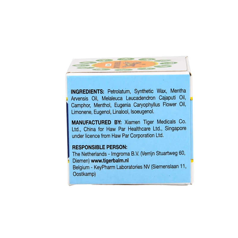 Tiger Balm Tijgerbalsem 19g jar showing the label for muscle and joint pain relief.