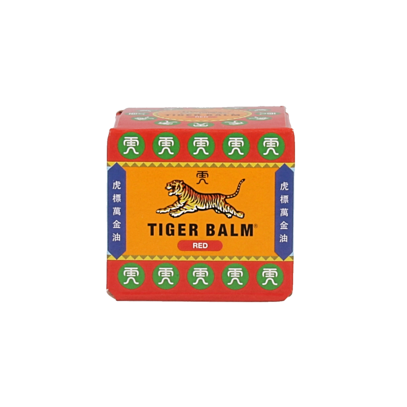 Red Tiger Balm Tijgerbalsem jar for muscle and joint relief, 19 grams, with tiger logo on the packaging.