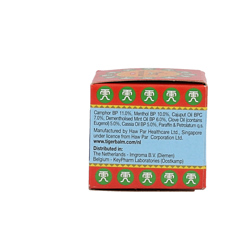 Red Tiger Balm Tijgerbalsem jar for muscle and joint relief, 19 grams, with the Tiger Balm branding visible.