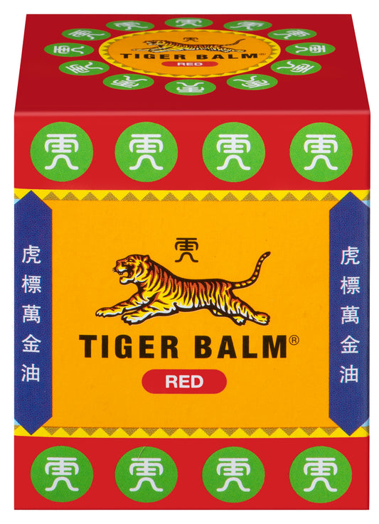 Tiger Balm Tijgerbalsem rood jar, 30g, for muscle and joint relief, with red packaging and herbal ingredients.