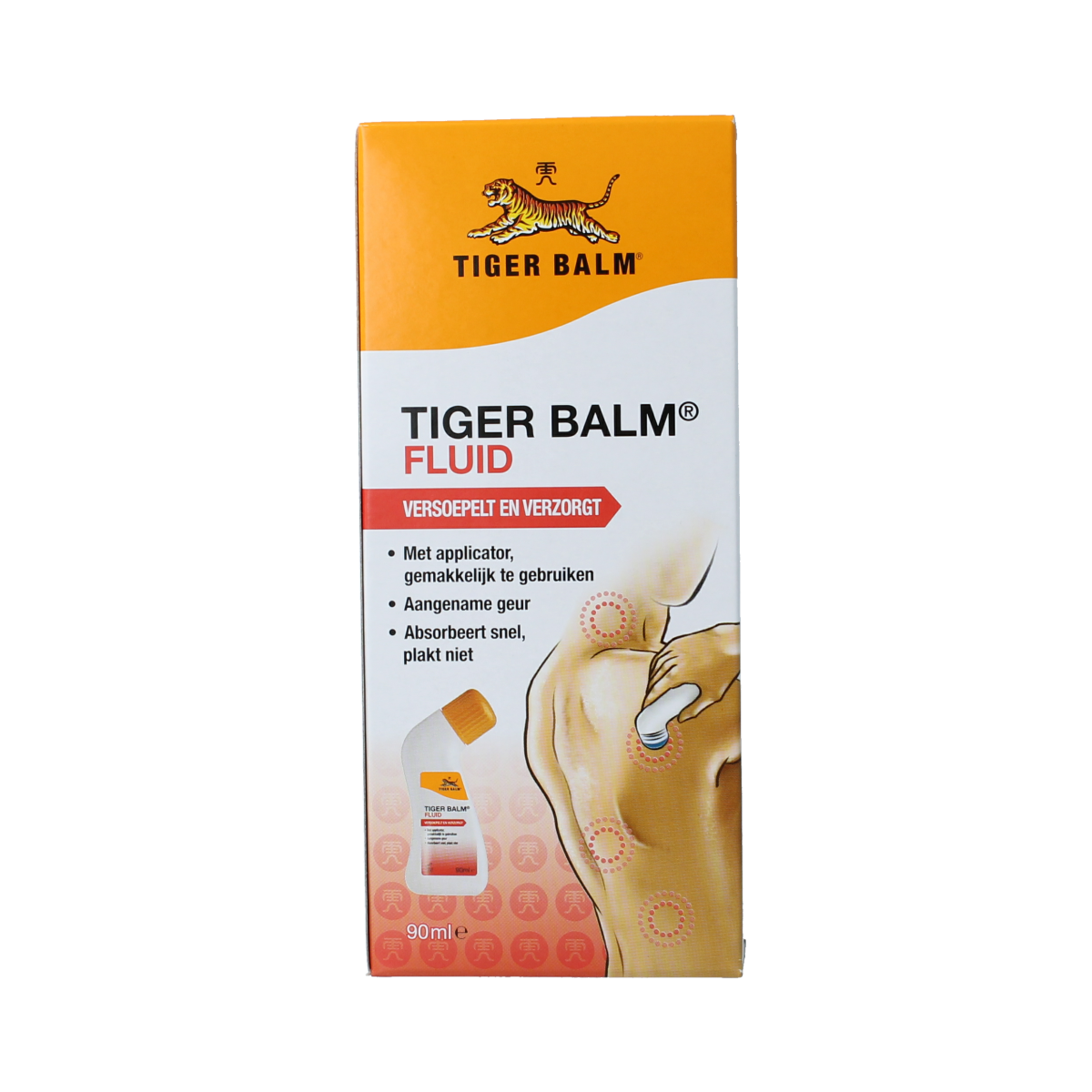 Bottle of Tiger Balm Tijgerbalsem fluid for muscle and joint relief, 90ml, with tiger-themed packaging.