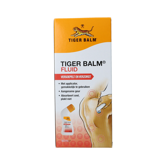 Bottle of Tiger Balm Tijgerbalsem fluid for muscle and joint relief, 90ml, with tiger-themed packaging.