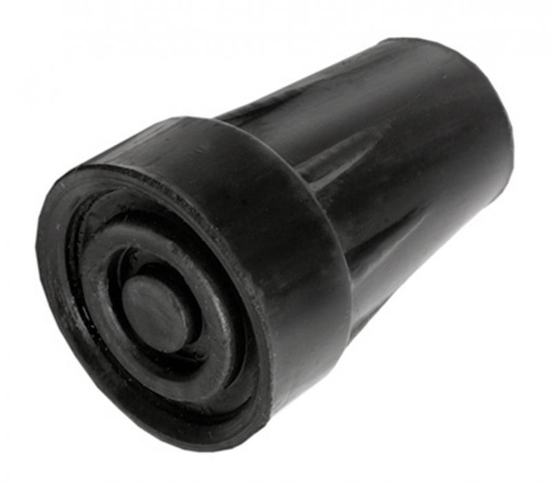 Two black 16mm Able 2 mobility crutch and cane tips with rubber bases for stability and grip.