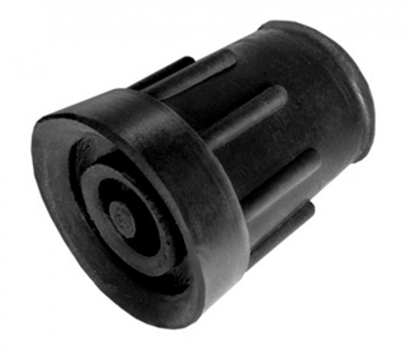 Set of two black Able 2 19mm mobility crutch and stick tips with rubber padding for stability and grip.