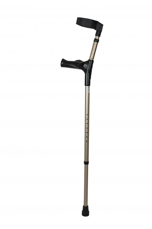 Two adjustable bronze metallic Able 2 elbow crutches for mobility support, shown in the image.