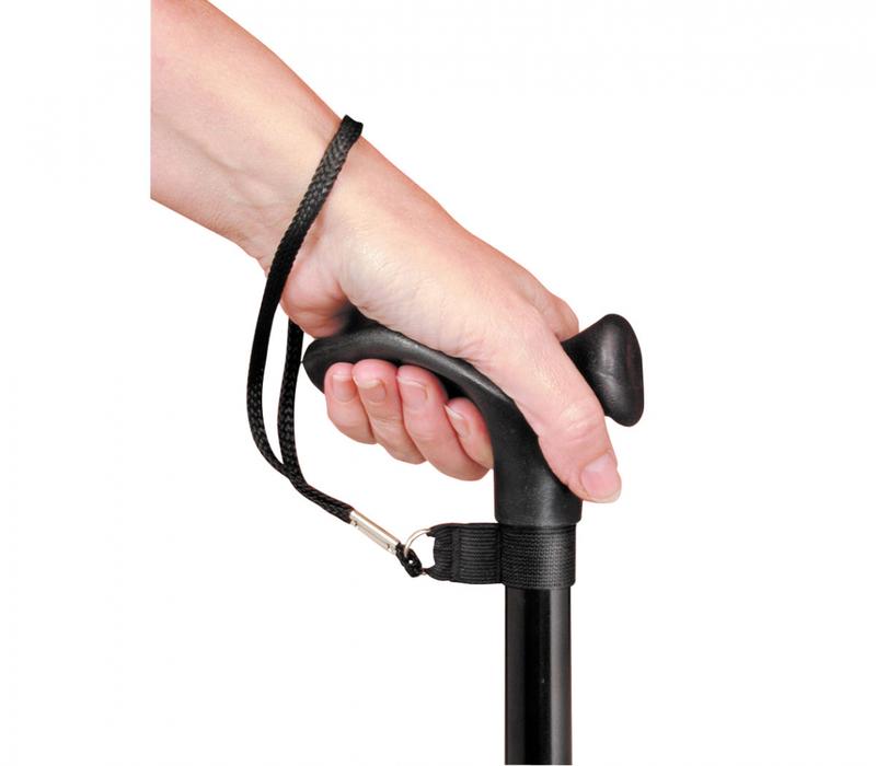 Able 2 mobility wristband for walking stick, one piece, shown in black with adjustable strap and clasp for secure fit.