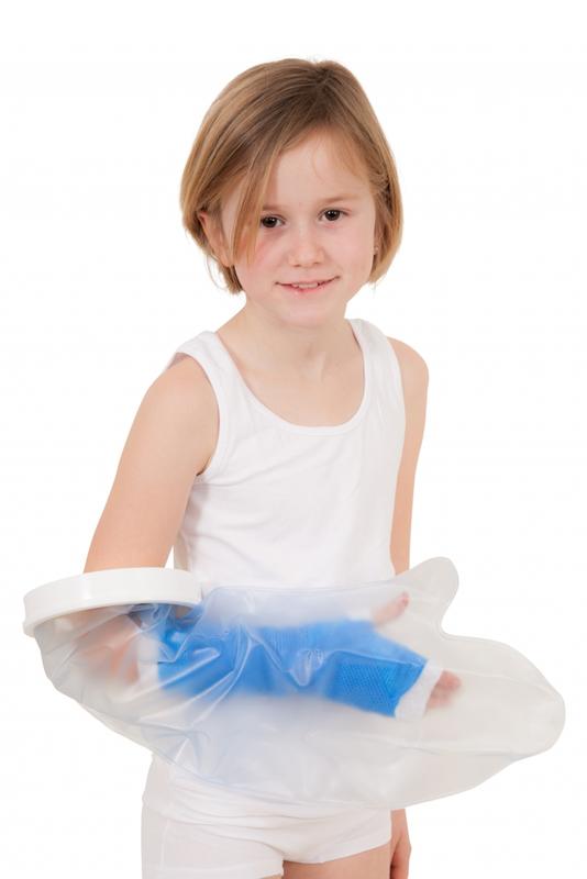 Able 2 Gipshoes halve arm protectors for shower and bath, showing black waterproof covers on a child's arm.