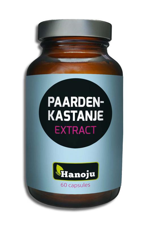 Hanoju Paardenkastanje extract capsules, 300 mg, herbal supplement in a bottle with 60 capsules.
