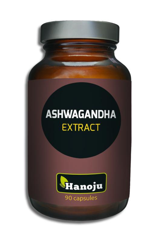 Hanoju Ashwagandha extract capsules in a bottle, herbal supplement from Hanoju, part of their kruidenpreparaten line.