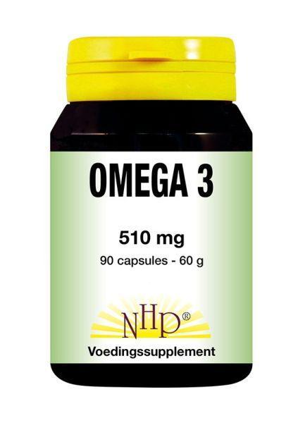 NHP Omega 3 510mg Vetzuren capsules, softgel supplement bottle with 90 capsules, showing the product label and capsules.
