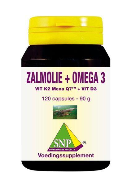 SNP Zalmolie vegan omega-3 capsules with vitamin K2, Q7, D3, and E, displayed in a bottle with 120 capsules.