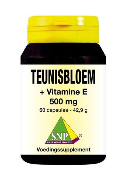 SNP Teunisbloem vitamine E 500mg vetzuren capsules, close-up of 60 supplement capsules in a container