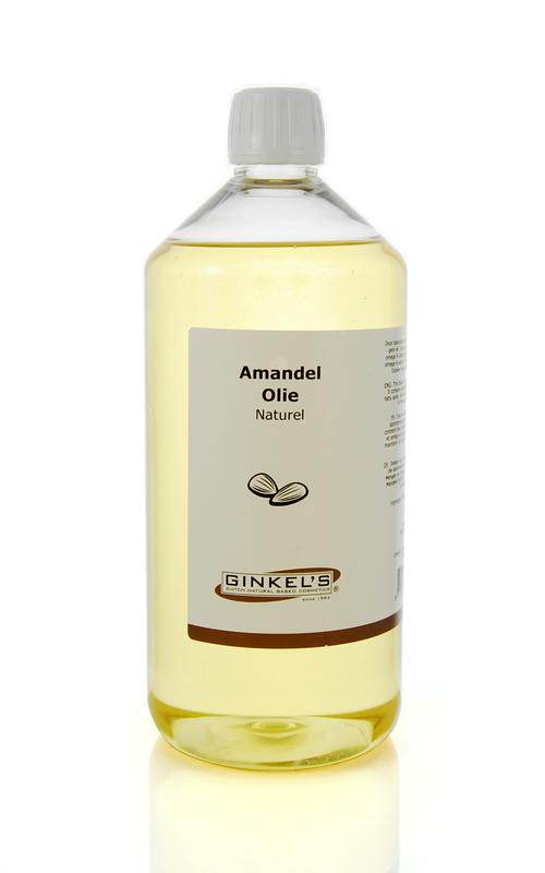 Ginkel's Amandelolie neutraal 1L, natural body care almond oil bottle with clear label and cap, for skin nourishment
