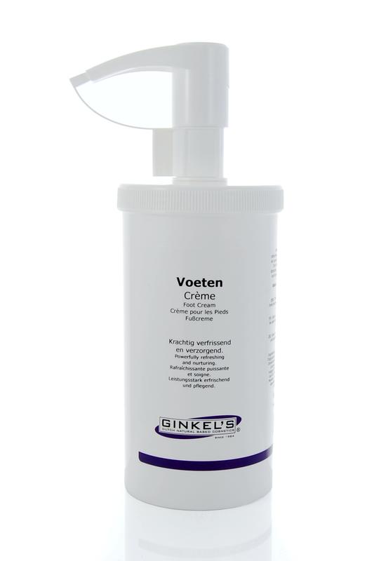 Ginkel's Voeten crème extra in a 500ml jar, foot care product with a white and blue label, designed for foot moisturizing and care.