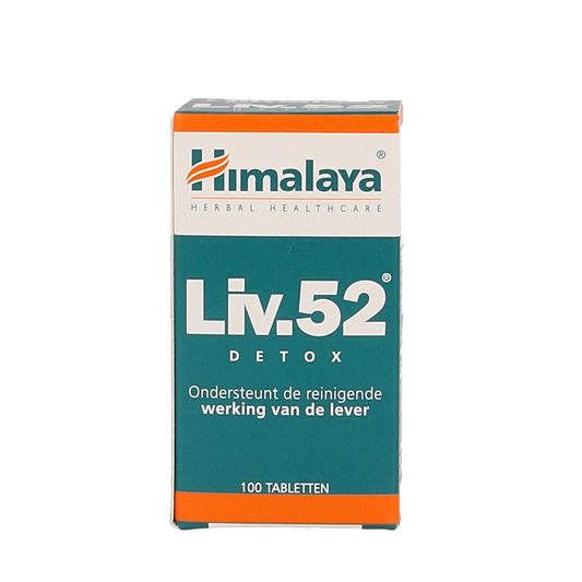 Himalaya Liv 52 herbal tablets in a bottle, dietary supplement for liver health, by Himalaya, with 100 tablets.