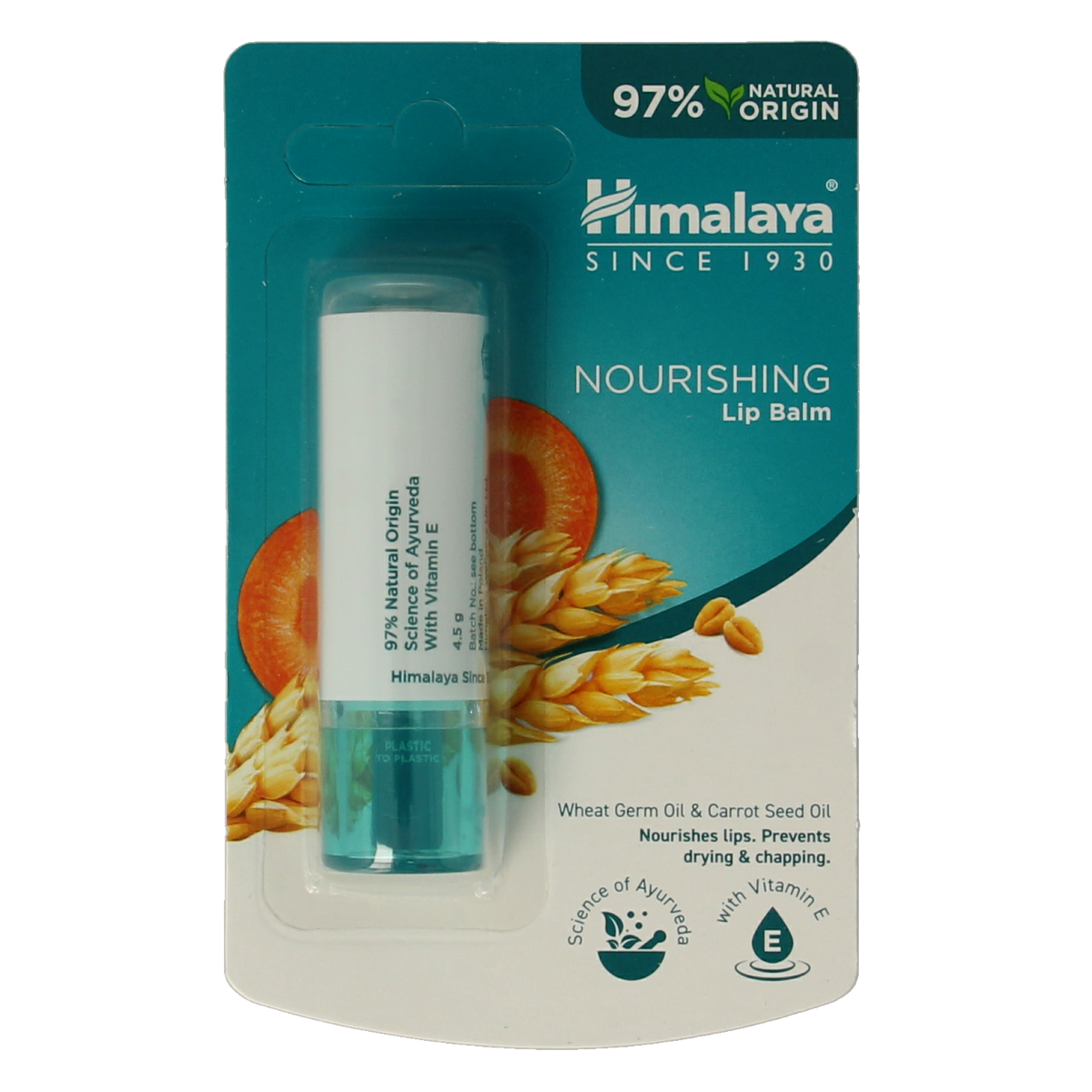 Himalaya Nourishing Lip Balm in 4.5g tube, moisturizing lip care product with natural ingredients, displayed in close-up.