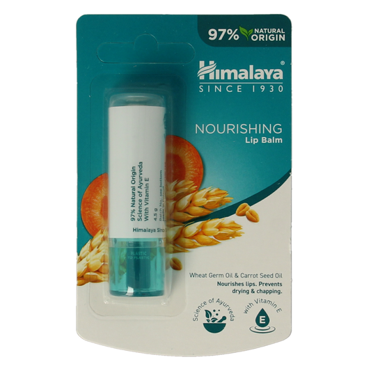 Himalaya Nourishing Lip Balm in 4.5g tube, moisturizing lip care product with natural ingredients, displayed in close-up.