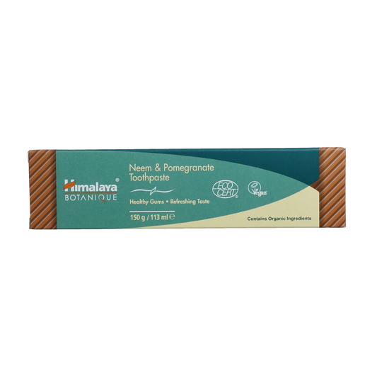 Himalaya Neem Pomegranate toothpaste in 150g tube showing the packaging and brand logo.