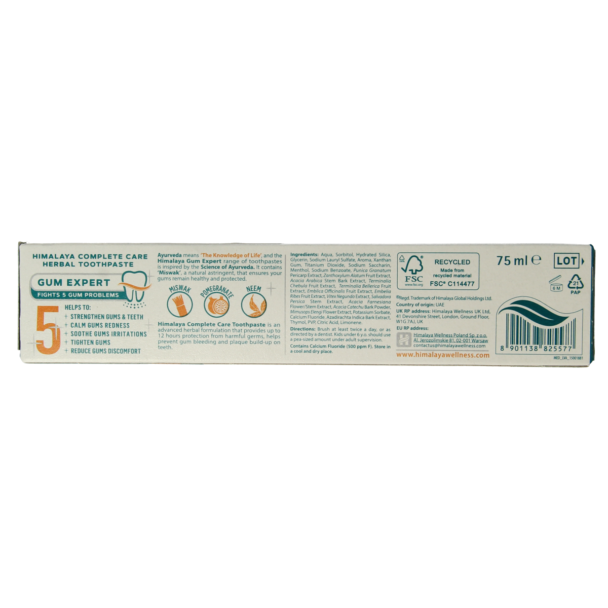 Himalaya Complete Care herbal toothpaste in 75ml tube, displaying herbal ingredients and packaging on a white background.