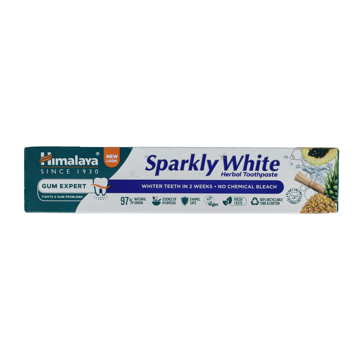 Himalaya Herbal Sparkly White Toothpaste in 75ml tube, featuring herbal ingredients for brightening teeth and freshening breath.