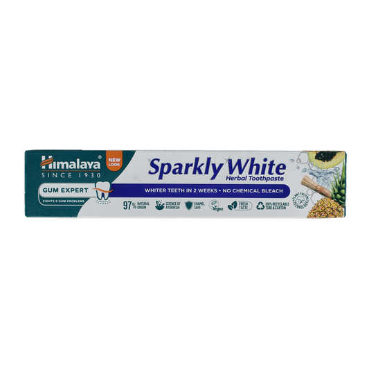 Himalaya Herbal Sparkly White Toothpaste in 75ml tube, featuring herbal ingredients for brightening teeth and freshening breath.