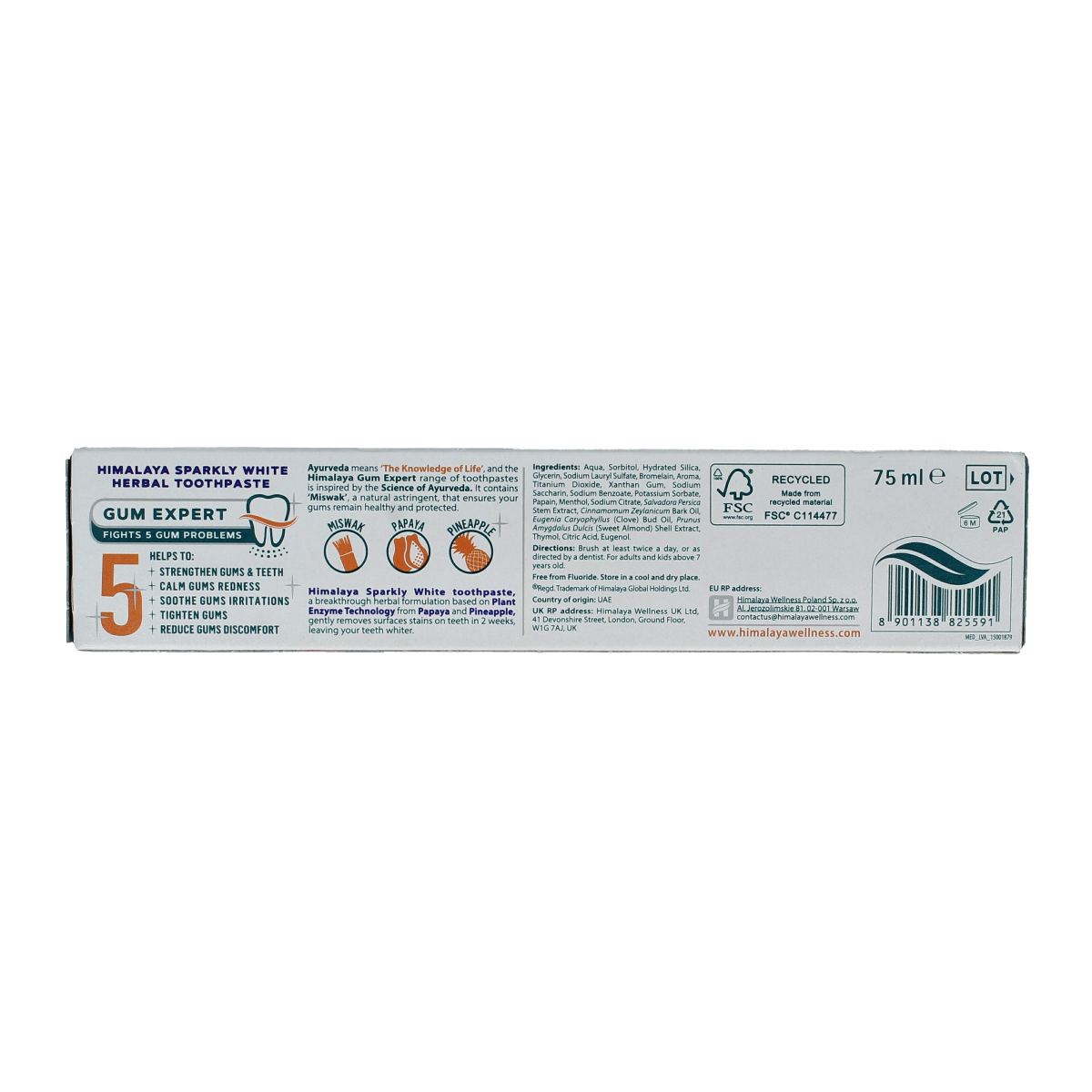 Himalaya Kräutertandpasta Sparkly White in 75ml tube, natural herbal toothpaste with whitening properties