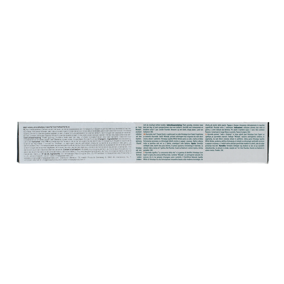 Himalaya Sparkly White herbal toothpaste in 75ml tube, featuring natural ingredients for whitening and oral health.