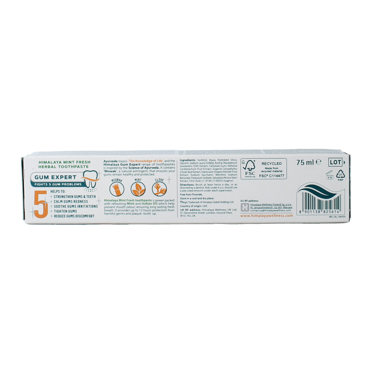 Himalaya kruiden mint fresh toothpaste tube, 75ml, with herbal ingredients and mint flavor for fresh breath and oral health.