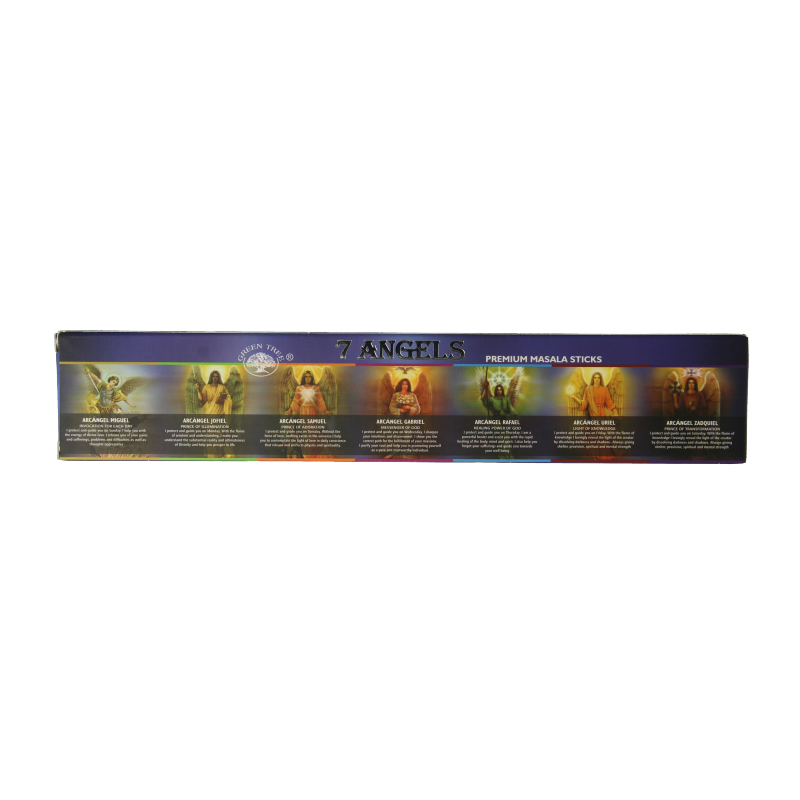 Green Tree Wierookstokjes with 7 angel design, 15 grams of incense sticks, natural aroma, and decorative packaging.