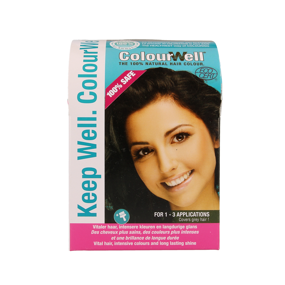 Colourwell 100% natural mild black hair dye in a 100g package, showcasing the branding and product packaging.