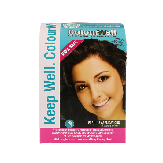 Colourwell 100% natural mild black hair dye in a 100g package, showcasing the branding and product packaging.