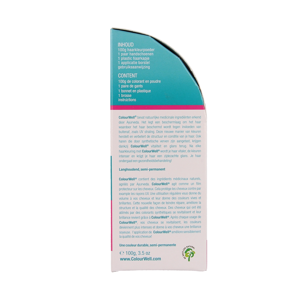 Colourwell 100% natural mild black hair dye in 100g jar, showcasing the product's packaging and black color.