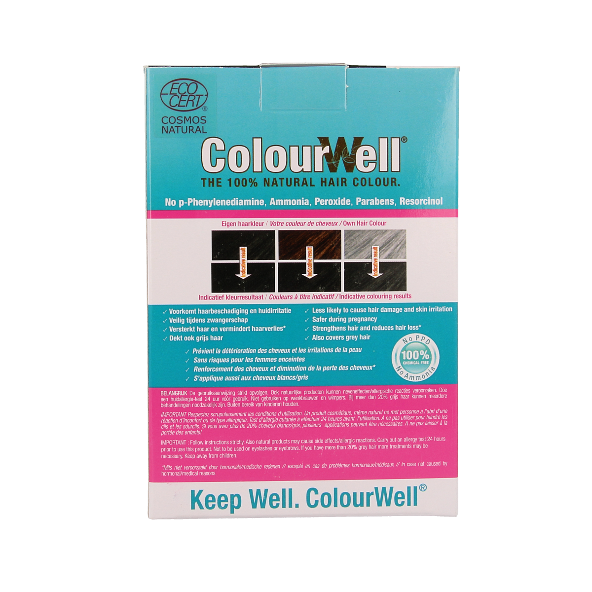 Colourwell 100% natural mild black hair coloring cream in 100g jar with black and white packaging.