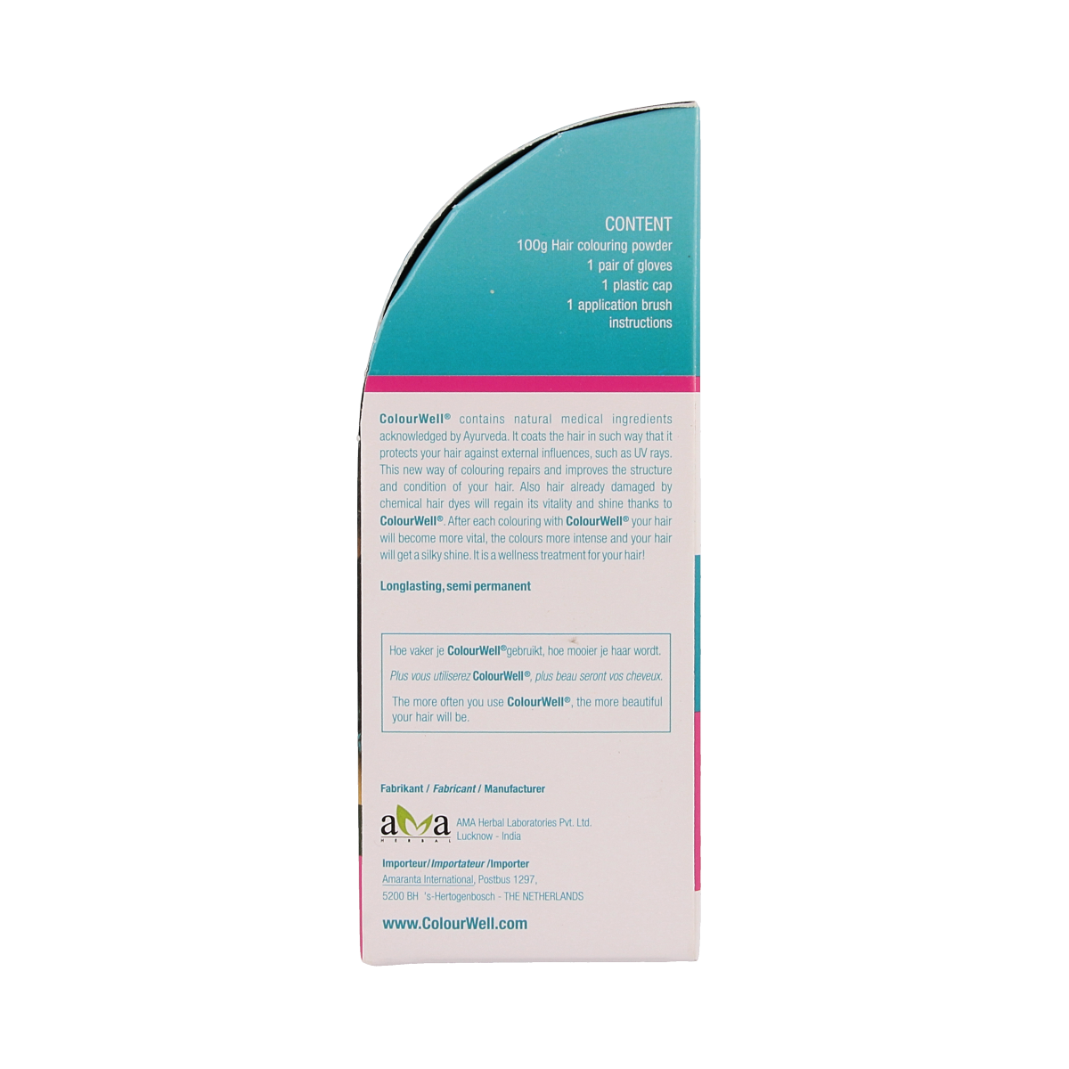 Colourwell 100% natural mild black hair dye in 100g, showcasing the product packaging and color.