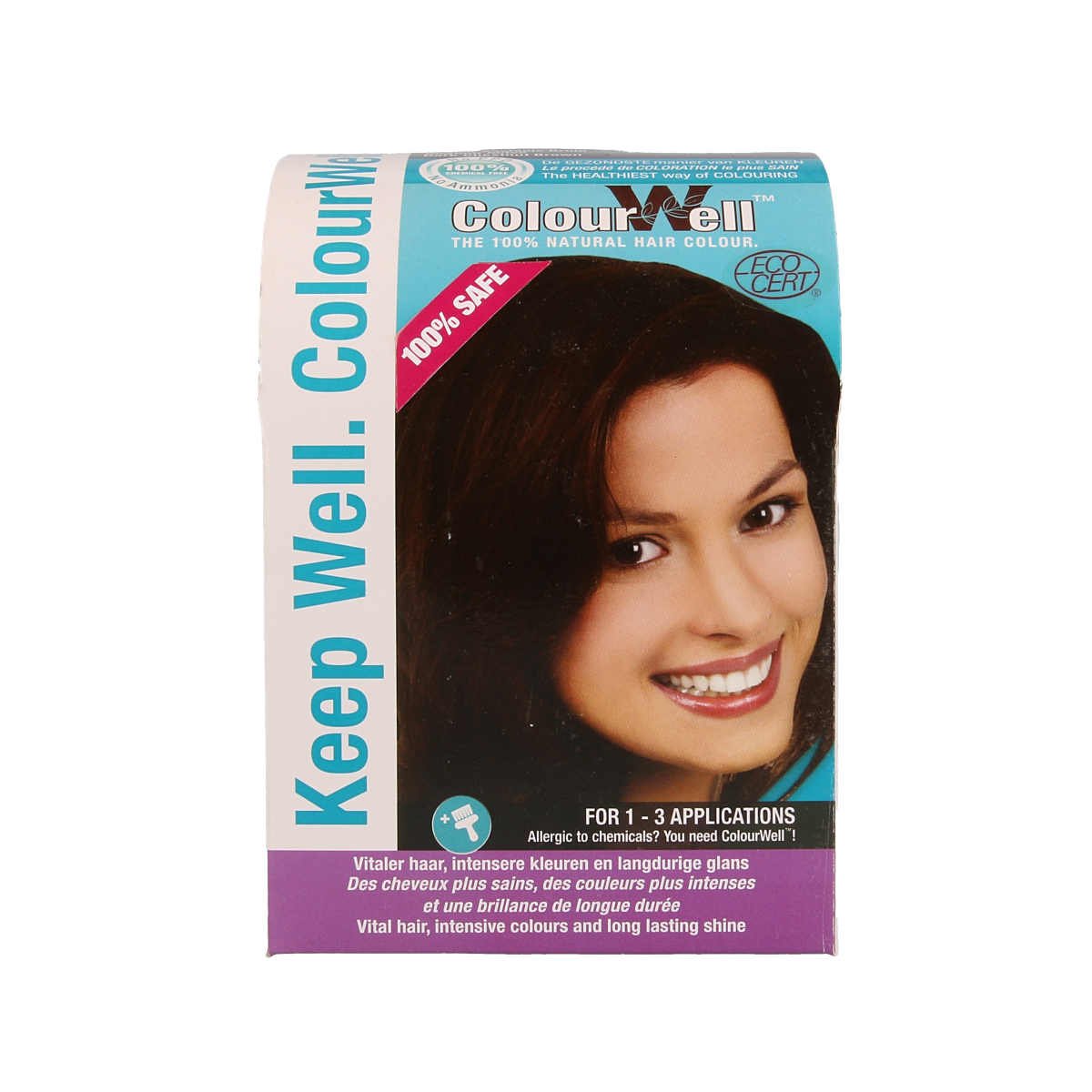 Colourwell dark chestnut brown natural hair dye in 100g package, showcasing the product container and label.