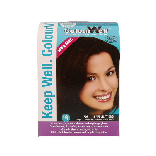 Colourwell dark chestnut brown natural hair dye in 100g package, showcasing the product container and label.